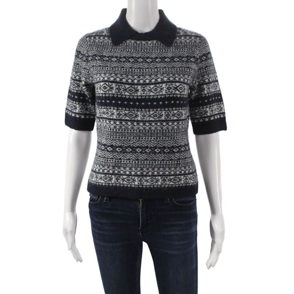 Central Park West Women Pullover Sweater Fair Isle Collared Blue Size S